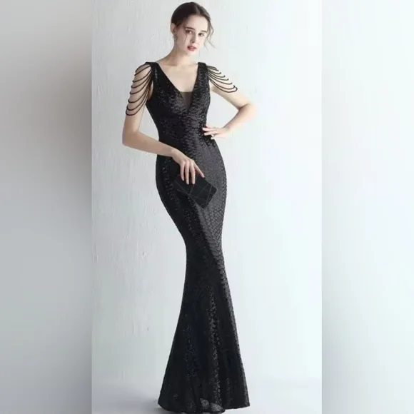 cold shoulder black dress Zapakasa Women Sparkly Black Red Mermaid Long Bridesmaid Dress with Beading Cold  Shoulder Prom Dress main image 1